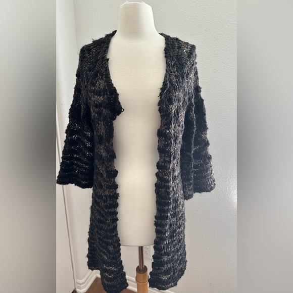 Studio M, Long Knit Cardigan Sweater, Size Small, Black w/ Hints of Beige - Picture 4 of 8